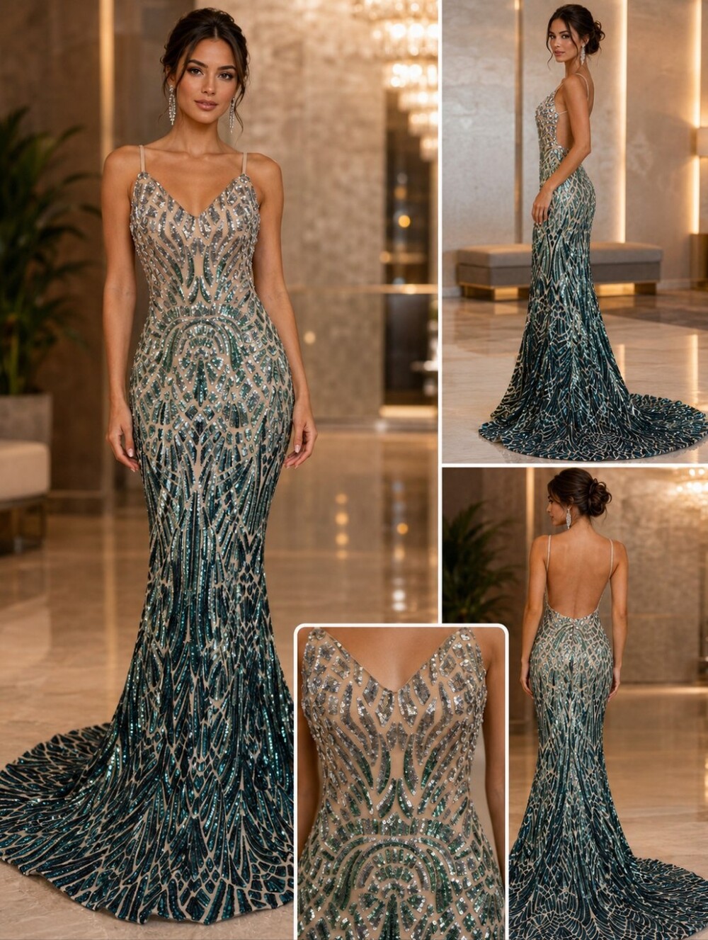 Jovani 06450 Silver Green Sequin Backless Prom Gown Dress Size 4